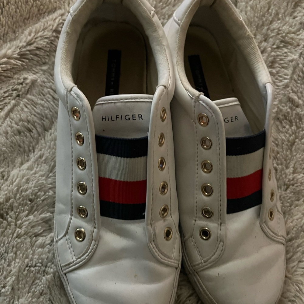Tommy Hilfiger White Slip-On Shoes with Red and Blue Stripe